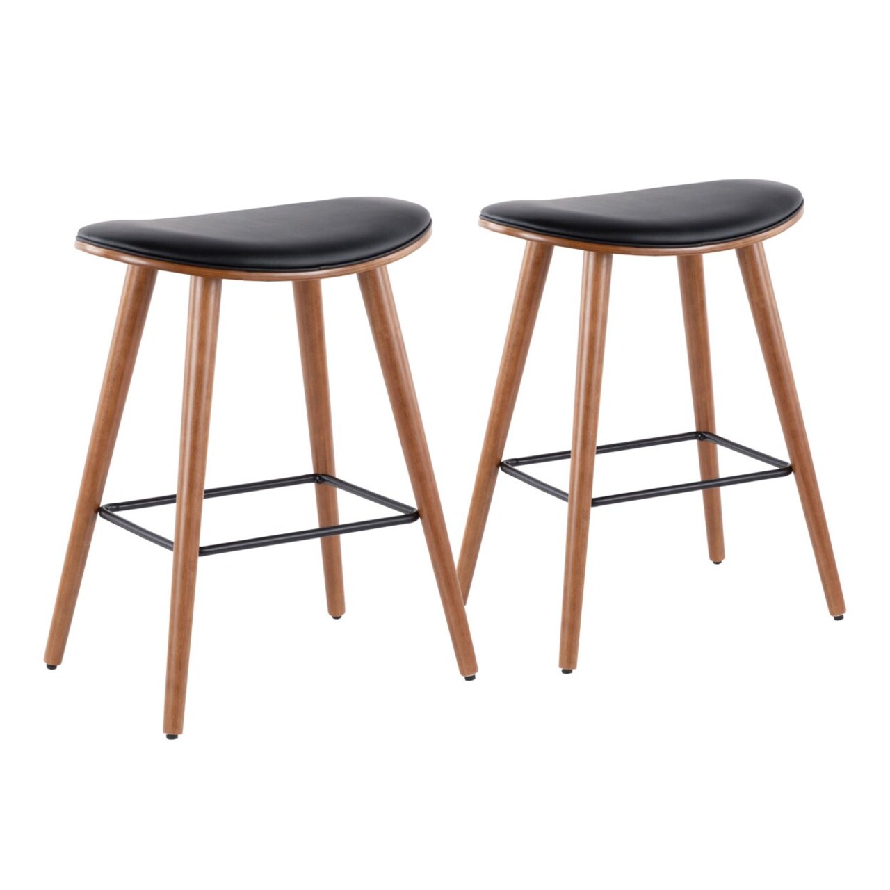 Lumisource Saddle 26" Mid-Century Modern Counter Stool In Walnut And Black Faux Leather - Set Of 2